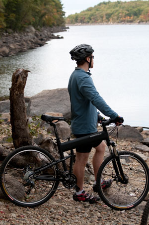 Montague folding bike overlooking pond