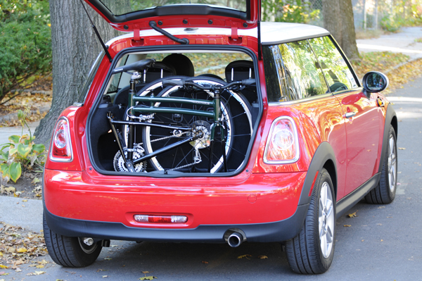 Montague folding bikes can fit easily in the trunk. 2015 Montague Navigator folded for car trunkl