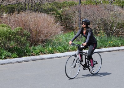 2015 Montague Crosstown folding bike riding by woman