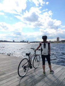 2015 Montague Crosstown folding bike along the river