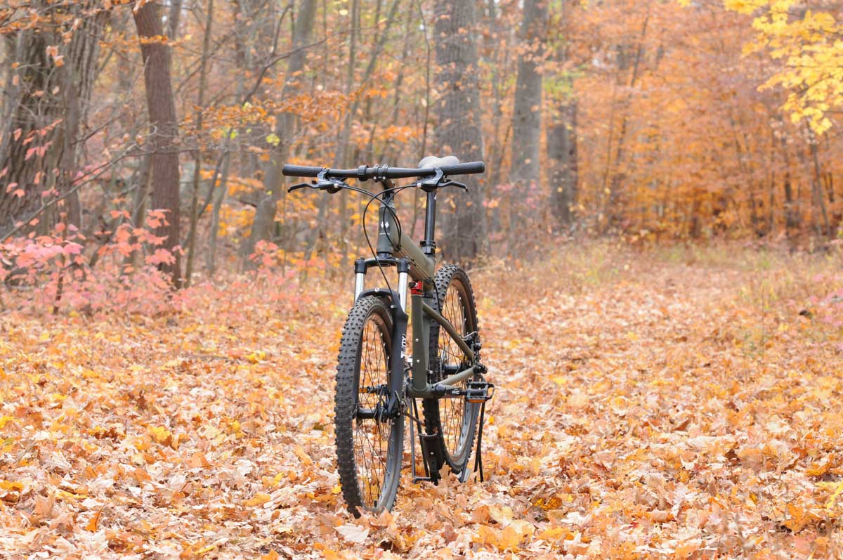 Montague Paratrooper folding mountain bike in autumn leaves