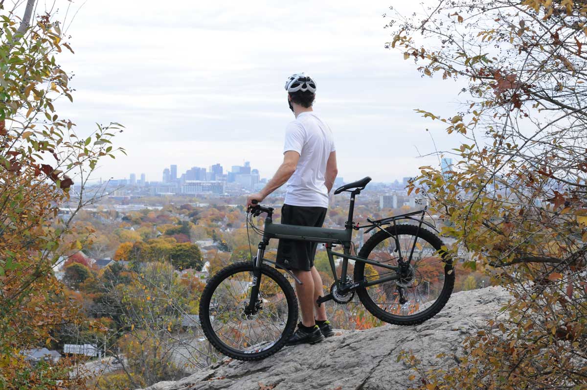 Montague Paratrooper folding mountain bike overlooking city