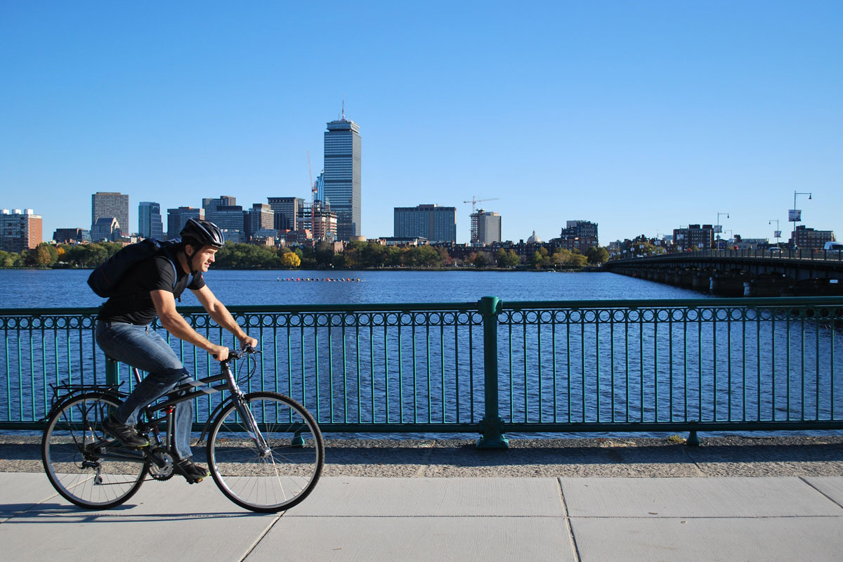 College Student Riding a Montague Folding Pavement Bike
