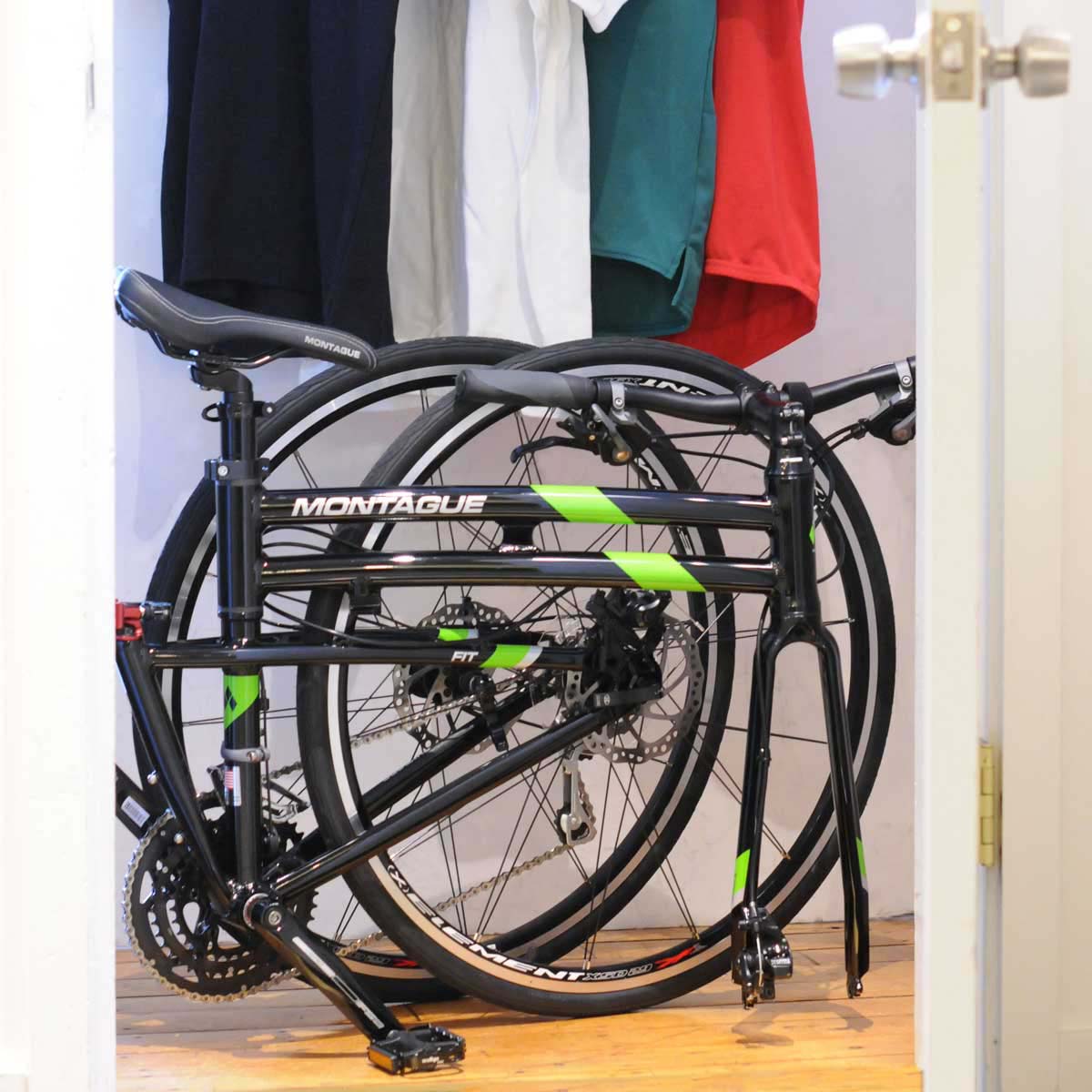 Montague Folding Bike in a dorm closet