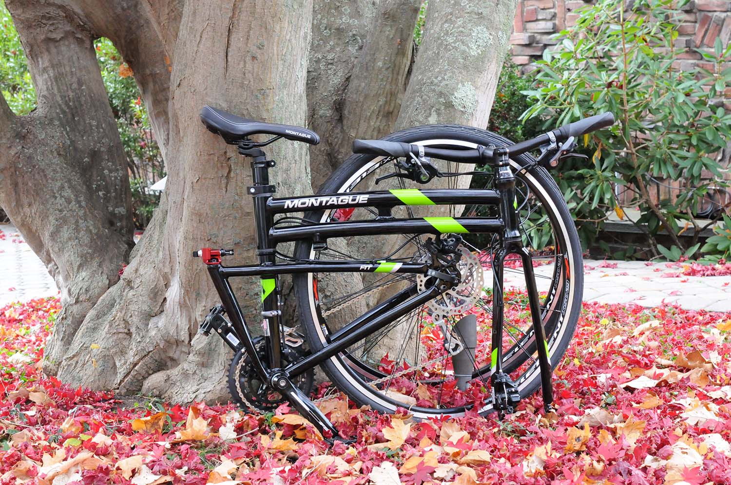 Folded model FIT Montague Folding Pavement Bike in leaves